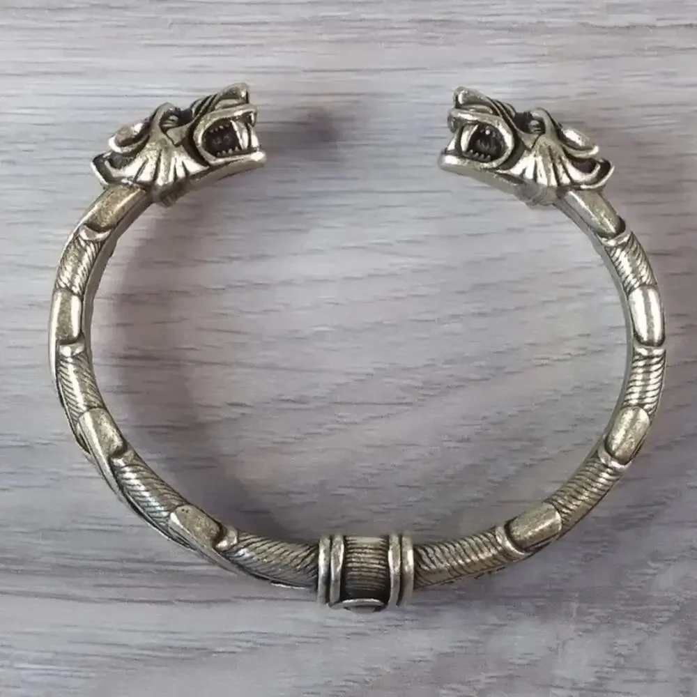 Silver Wolf Head Viking Norse Knotwork Cuff Bangle Bracelet